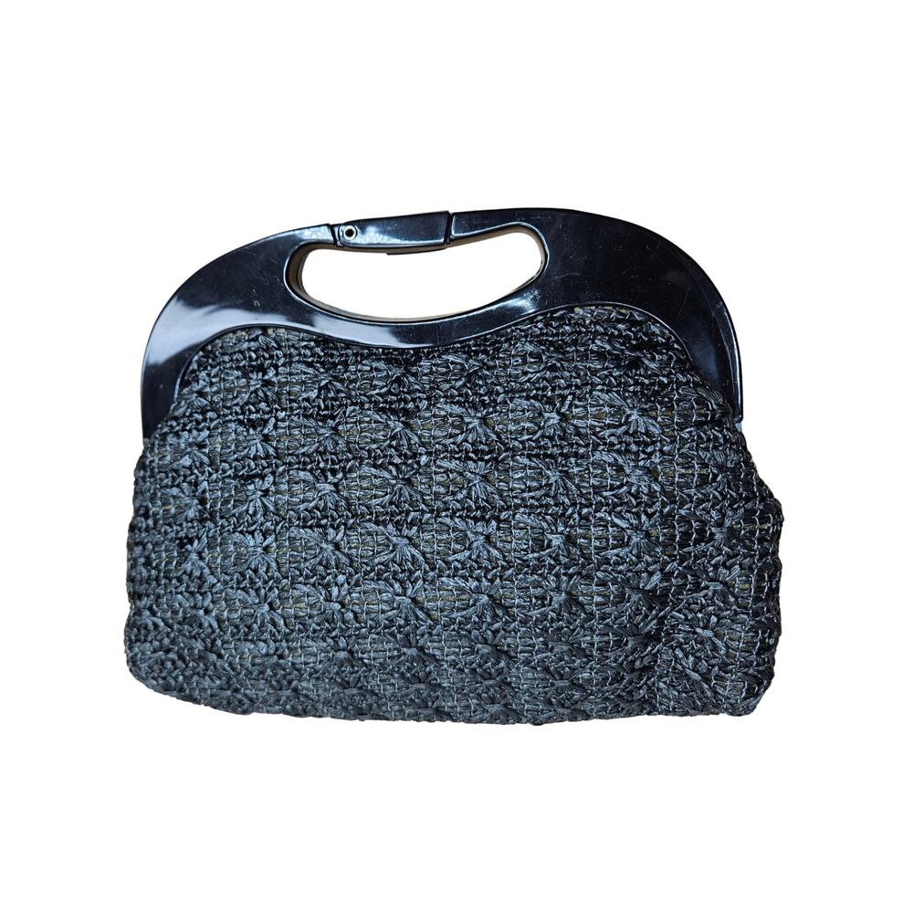 1960s Black Convertible Clutch Crossbody Woven Raffia Handbag Lucite Top Handle